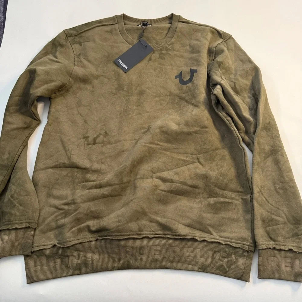 True Religion Men S‎ Camo Green Tie Dye Debossed Rib Pullover Crew Sweatshirt M